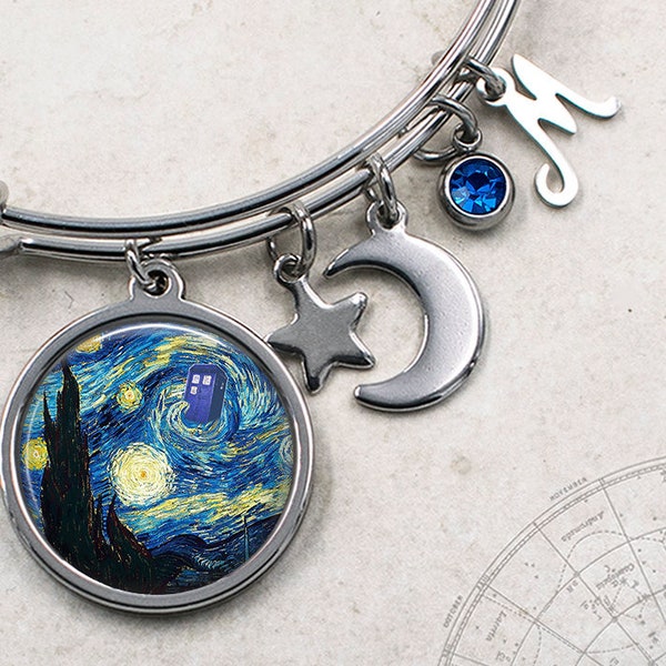 Starry Night Tardis charm bracelet, personalized Dr Who jewelry moon and star charm bracelet Tardis jewelry Dr Who gift
