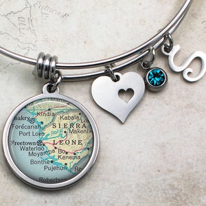Sierra Leone map charm bracelet, African map bracelet bangle bracelet map gift Africa map travel gift travel destination gift