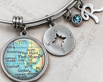 Ft Myers, Florida charm bracelet, Sanibel Island Captiva Island FL adjustable stainless steel map bracelet map gift vacation map bracelet