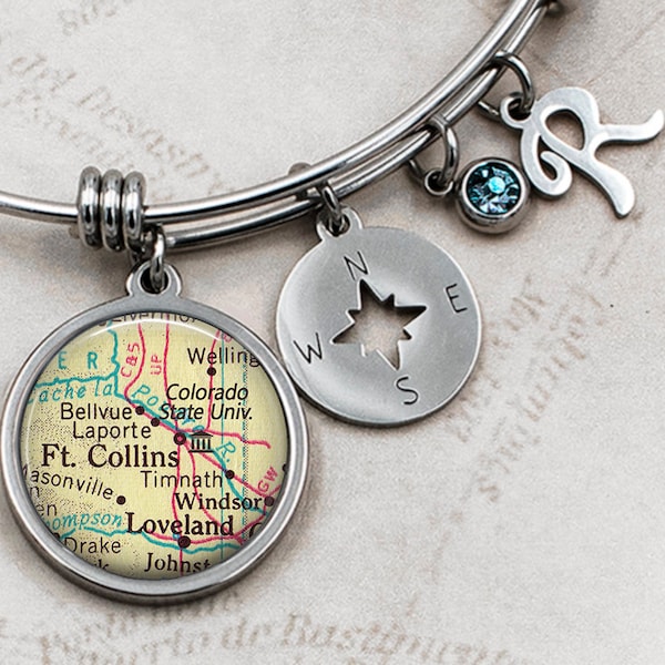 Colorado State University charm bracelet, CSU Ft Collins Colorado school map bracelet college student alumni gift graduation gift