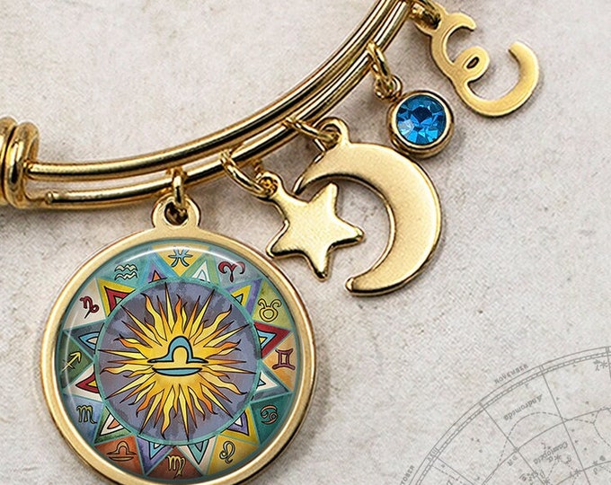 Boho Libra Zodiac charm bracelet, moon and star charm bracelet Libra birthday gift astrology gift personalized bracelet