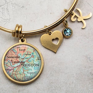 Boston Massachusetts map charm bracelet, Cambridge Somerville MA birthstone bangle bracelet hometown gift moving away gift travel gift
