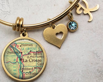 La Crosse, Wisconsin map charm bracelet, LaCrosse WI birthstone bangle bracelet hometown map gift moving away gift travel gift
