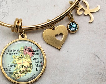 Ireland map charm bracelet, stainless steel map bracelet birthstone bangle bracelet Irish map gift travel gift travel destination gift