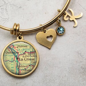 La Crosse, Wisconsin map charm bracelet, LaCrosse WI birthstone bangle bracelet hometown map gift moving away gift travel gift