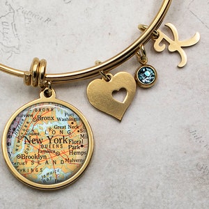 New York City map charm bracelet, Queens Bronx New York adjustable bangle bracelet hometown map gift moving away gift travel gift