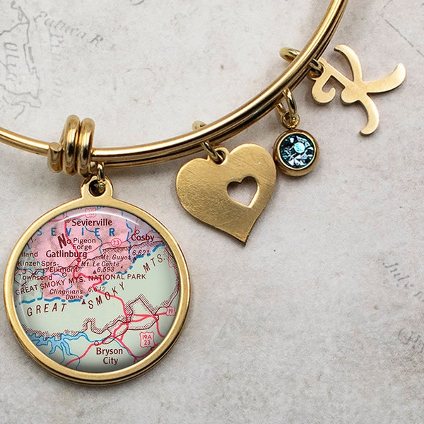 Great Smoky Mountains map charm bracelet, Tennessee vacation destination map map gift bangle bracelet travel gift