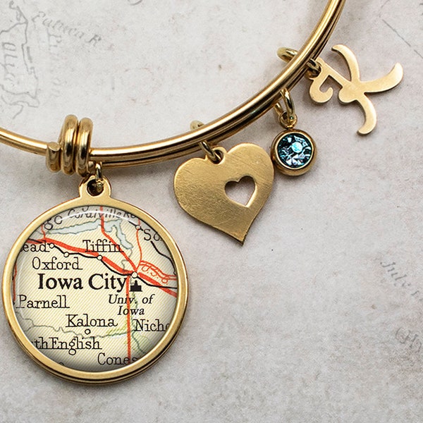 University of Iowa charm bracelet, stainless steel school map bracelet Iowa City map gift college student graduation gift alumni gift