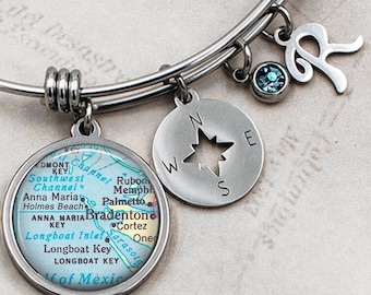 Bradenton, Florida charm bracelet, Anna Maria Key Holmes Beach Longboat Key stainless steel map bracelet map gift vacation map bracelet