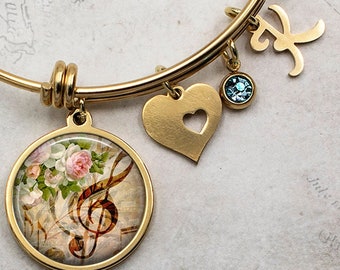 Music and Roses charm bracelet, gift for music student music teacher gift musician gift music jewelry for musician