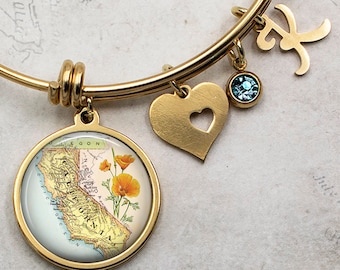 California map charm bracelet, state map adjustable bangle bracelet initial bracelet hometown map gift moving away gift travel gift