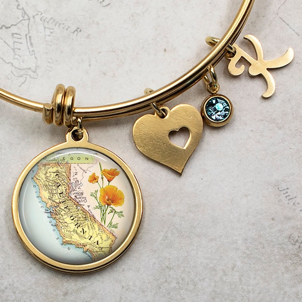 California map charm bracelet, state map adjustable bangle bracelet initial bracelet hometown map gift moving away gift travel gift