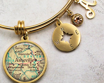 Asheville North Carolina map charm bracelet, Waynesville NC birthstone bangle bracelet hometown map gift moving away gift travel gift