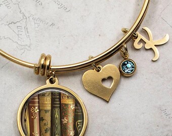 Antique Books charm bracelet, stainless steel bracelet book lover gift book club gift book jewelry initial bracelet librarian gift