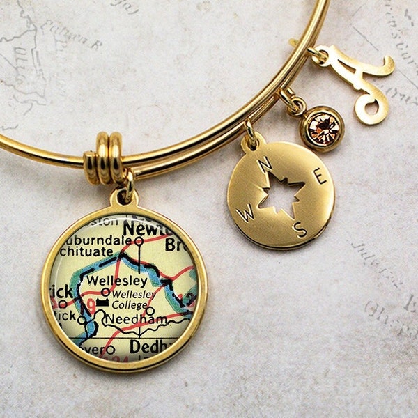 Wellesley College map bracelet, College map charm bracelet graduation gift alumni or student gift Wellesley MA Needham MA school map gift