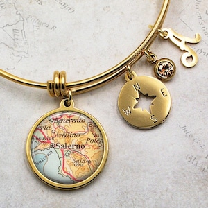 Salerno, Italy map charm bracelet, stainless steel map bracelet bangle bracelet map gift Amalfi Coast travel gift compass bracelet