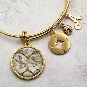 Antique World Map charm bracelet, antique map bangle bracelet 18k gold stainless steel bracelet map gift for traveler map & compass jewelry