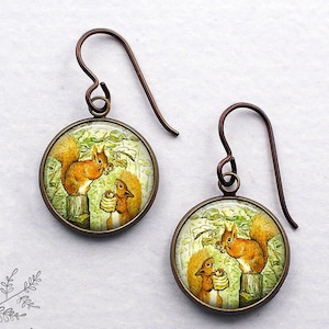 Tale of Squirrel Nutkin earrings, whimsical squirrel earrings storybook art jewelry Beatrix Potter art squirrel lover gift dangle earrings