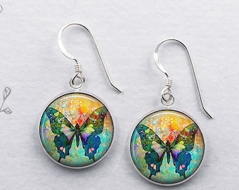 Boho Butterfly earrings, butterfly art jewelry butterfly gift nature lover or garden gift colorful winged insect sterling dangle earrings