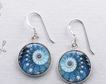 Blue Ocean Fractal art earrings, sterling silver dangle earrings math or science gift ocean wave fractal geometry earrings math teacher gift