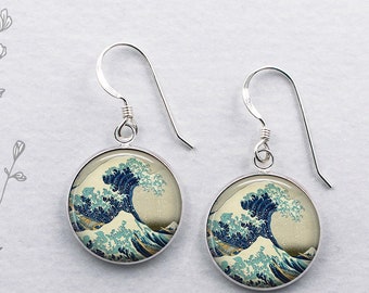 Great Wave at Kanagawa earrings, Hokusai art earrings Japanese art gift surfer gift beach or ocean lover gift sterling silver earrings