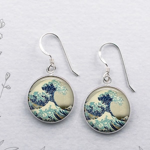 Great Wave at Kanagawa earrings, Hokusai art earrings Japanese art gift surfer gift beach or ocean lover gift sterling silver earrings