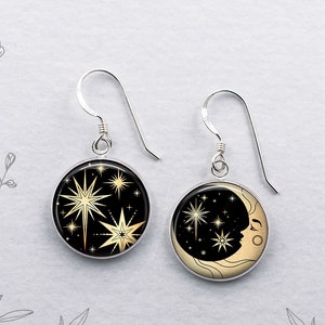 Magic Moon and Stars earrings, crescent moon earrings celestial earrings gift for star gazer astronomer gift celestial art dangle earrings