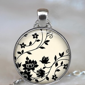 Swirling Black Flowers necklace, key chain or brooch pin, flower art necklace black and white keychain key ring key fob G141