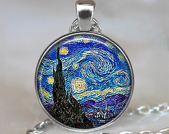 Starry Night necklace, brooch pin or key chain, Van Gogh art jewelry, moon and stars necklace, celestial keychain key ring fob