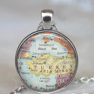 Turkey map necklace, key chain or brooch pin, vintage map gift, travel gift globetrotter gift key ring key fob keychain image 1