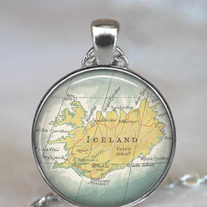 Iceland map necklace, key chain or brooch pin, vintage map jewelry Reykjavik globetrotter gift travel gift world traveler map key ring fob