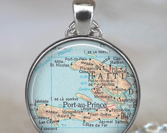 Haiti map necklace, key chain or brooch, map gift adoption gift adoption jewelry gift for missionary Port-au-Prince map key ring key fob
