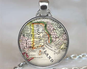 Rhode Island map necklace, key chain or brooch, vintage map gift, antique map jewelry, leaving home moving away gift key ring key fob