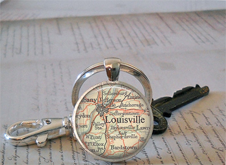 Louisville, Kentucky map necklace or keychain, Louisville map pendant hometown map gift Jeffersonville KY map key chain key ring fob image 3