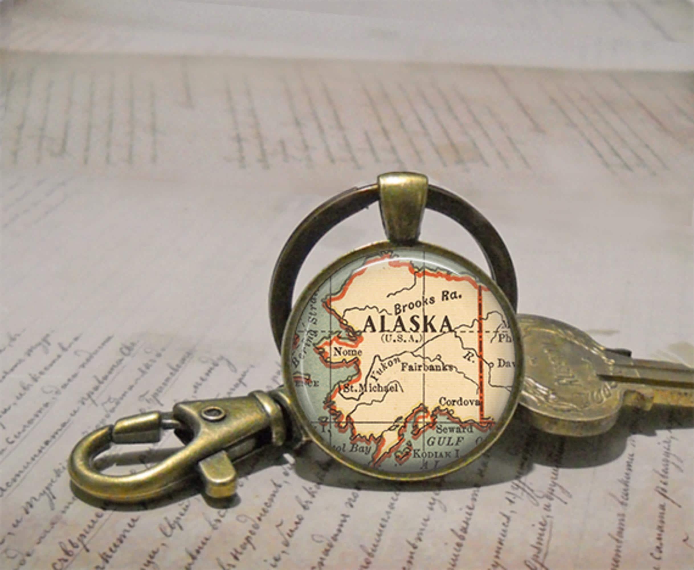Alaska Map Necklace, Key Chain or Brooch, Vintage Map Gift Map Jewelry ...