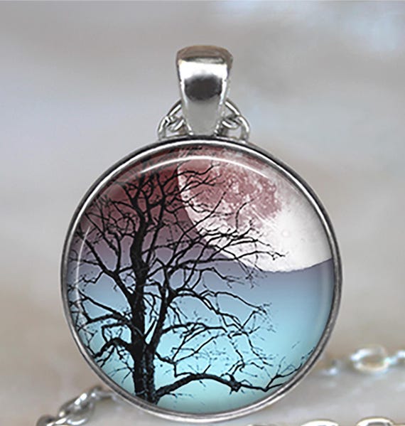 Moonrise Tree necklace, moon and tree jewelry full moon pendant tree jewellery full moon necklace night sky  key chain key ring key fob