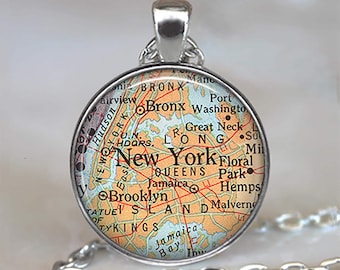 New York City map necklace, key chain or brooch, Manhattan Brooklyn Bronx Queens map travel gift, globetrotter gift NYC key ring fob