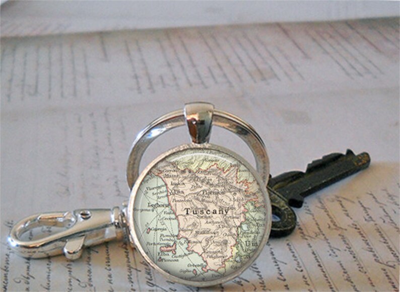 Tuscany map necklace, Tuscany pendant Tuscany necklace Florence, Italy map pendant, travel memento map jewelry key ring key chain key fob image 3