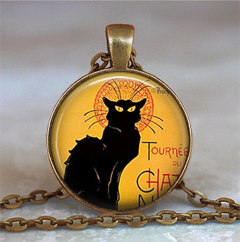 Le Chat Noir art necklace, Le Chat necklace cat necklace cat jewelry black cat necklace cat lover jewelry French key chain key ring key fob image 1