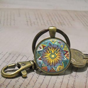 Taurus Bohemian Zodiac necklace, key chain or brooch pin, Zodiac gift Boho Zodiac art pendant astrology gift Boho Taurus key ring fob afbeelding 4