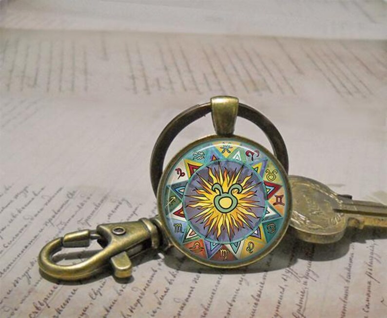 Taurus Bohemian Zodiac necklace, key chain or brooch pin, Zodiac gift Boho Zodiac art pendant astrology gift Boho Taurus key ring fob afbeelding 4