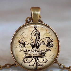 Antique Fleur de Lis and Crown necklace, brooch or key chain, French jewelry, Parisian gift, France or New Orleans key ring key fob