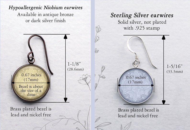May include: Two earrings are displayed, one with antique bronze Niobium earwires and the other with Sterling Silver earwires. Both have a round design, 0.67 inches (17mm) in diameter, with a brass-plated bezel. The earrings are 1-1/8" (28.6mm) and 1-5/16" (33.3mm) long.