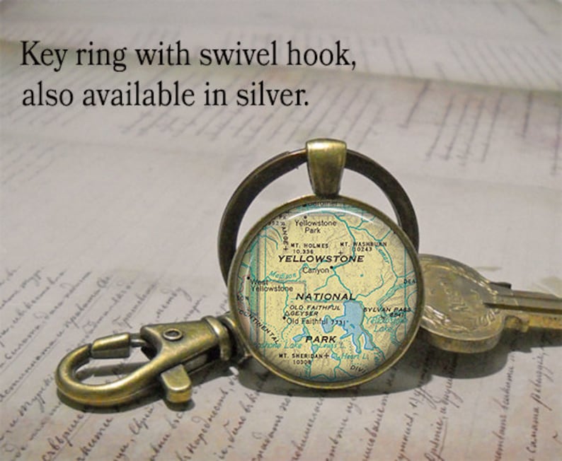 camping hiking gift key chain key ring key fob Yellowstone map pendant map jewelry gift for camper Yellowstone National Park map necklace