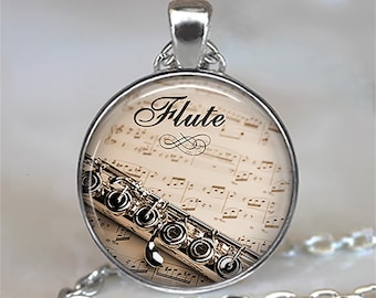 Flute and Music necklace, brooch pin or key chain, music student gift music teacher gift flautist gift music gift key chain key ring G217