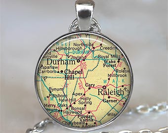 Raleigh, North Carolina map necklace, key chain or brooch, Durham NC leaving home gift going away moving gift home town map key ring key fob