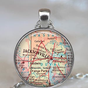 Jacksonville, Florida map necklace, key chain or brooch, vintage map jewelry leaving home map gift moving away gift map key ring key fob