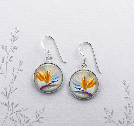 Bird of Paradise earrings, Bird of Paradise art earrings nature lover or garden gift exotic tropical flower dangle earrings gift for florist