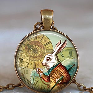 White Rabbit necklace, key chain or brooch, Alice in Wonderland jewelry White Rabbit with pocketwatch key ring key fob