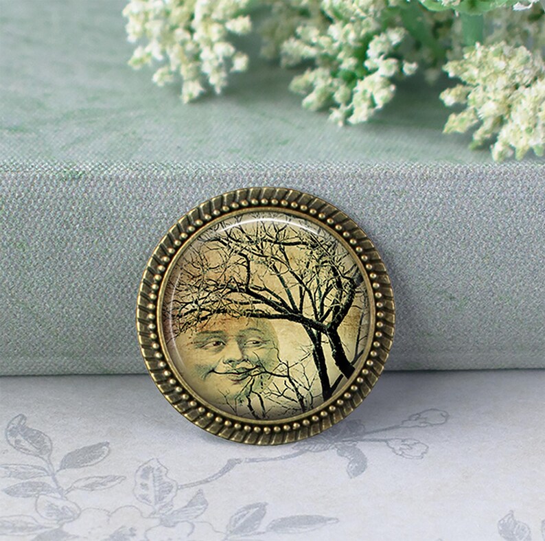 Smiling Moon Tree necklace, key chain or brooch, bare tree and moon full moon necklace full winter moon nature gift key ring key fob image 1